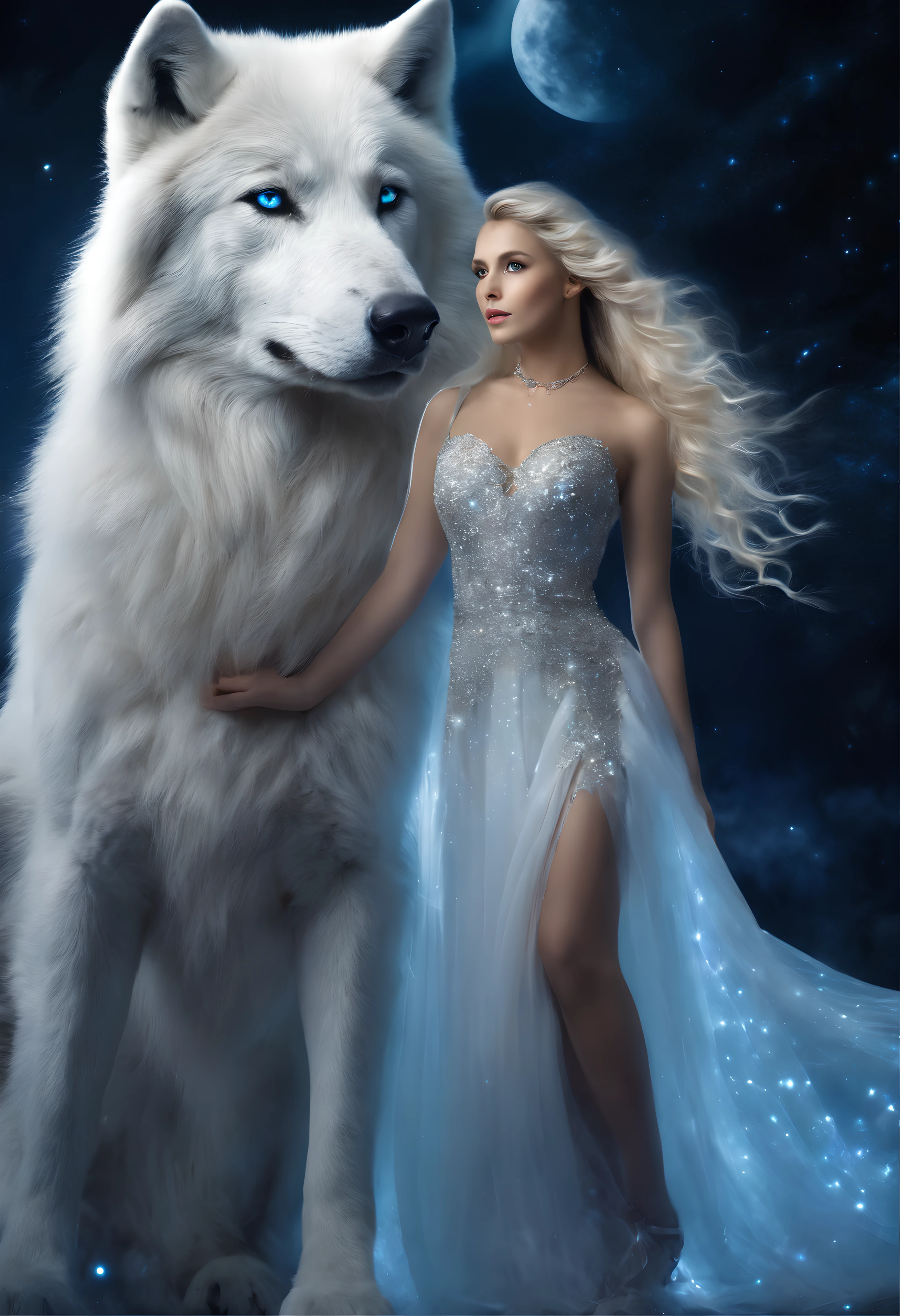 ((White wolf and girl)), (huge wolf), white wolf&#39;her fur glows with silver sparks, (a huge white wolf guards a beautiful young girl), motion, runs ahead, stooping forward, (Venus de Milo), (NSFW), a goddess, blue eyes, (A very young girl), ((Girl 16 years old)) lips ajar, blue eyes, blonde woman, Very long curly hair, transparent board, transparent air payment, Silver collar, Silver Belt, greek sandals, Silver sandals, Starry sky background, A lot of stars, background Orion Nebula, Two moons, Orion Nebula, go on star trek, The Milky Way is at your feet. full body photographed, Panoramic view, (Masterpiece: 1.5) (Photorealistic: 1.1) (Best Quality) (detail skin texture, pores, hairsh: 1.1) (Intricate) (8K) (HDR) (wallpapers) (Cinematic lighting) (sharp-focus)