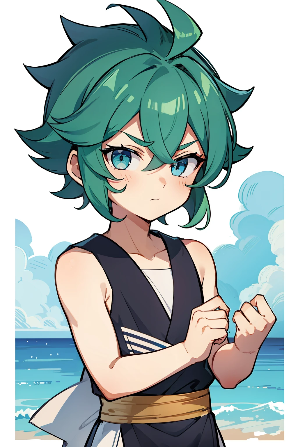 (high-quality, breathtaking),(expressive eyes, perfect face) 1boy, male, solo, young kid, , chibi, toddler, medium blue hair, green coloured eyes, stylised hair, gentle smile, longlength hair, loose hair, side bangs, curley hair, really spiky hair, spiked up hair, looking at viewer, portrait, ancient greek clothes, blue black and white tunic, white Chlamys, sleeveless, greek, blue and gold sash, ocean background, laurel accessory, slightly narrow eyes, masculine face, masculine eyes, baby face, baby body, , small head, baby, 36½ inches tall, chibi art style