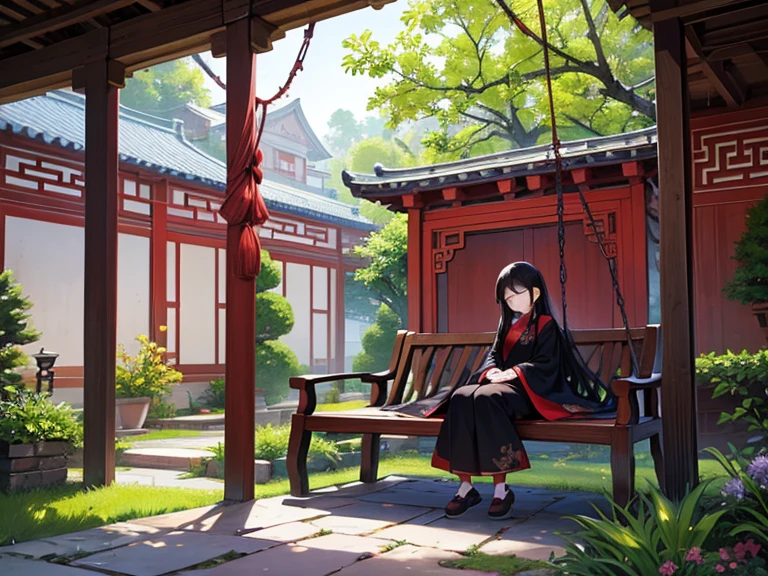 Ancient china, a china-style ancient courtyard house with trees and flowers, grape vines, spring morning, a simple wooden swing in the courtyard, a girl with long black hair wearing flowing robes sit sleep on the swing