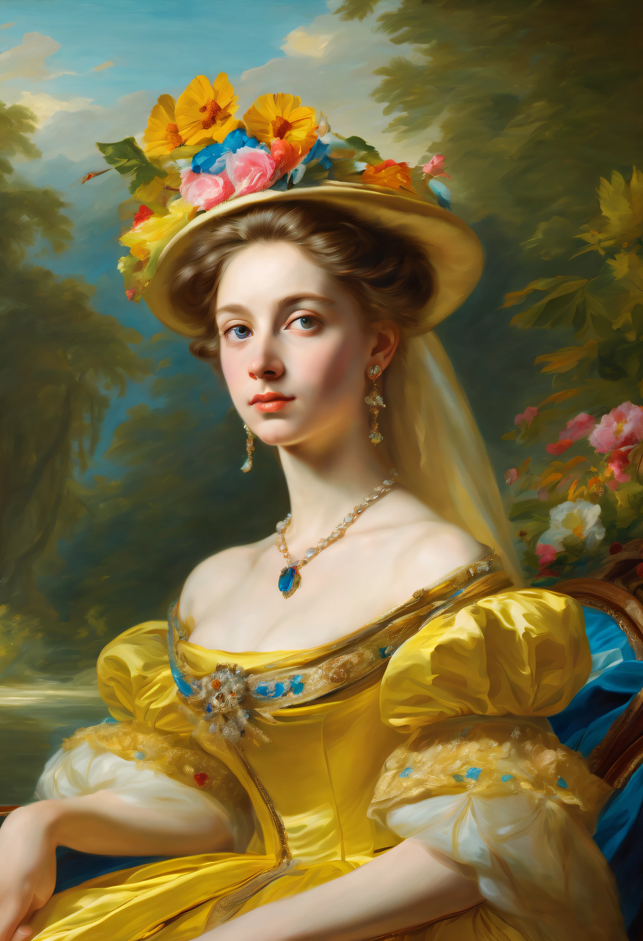 Prinzessin Elizaveta Esperovna Trubetskoy in der Natur.((Franz-Xaver-Winterhalter style)), Ölgemälde, Zeremonielles Porträt, Grelle Farbe, ((extremes Detail)), ((Meisterstück)), Komplexer Schlüssel, ((Einzelner Schuss)), Eindruck, hyper realisitc, Perspektive, 8K