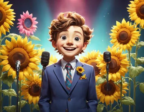 （character  design）， (5 cute sunflowers，Wearing different colored clothes，stand in front of a microphone and sing, Anthropomorph...