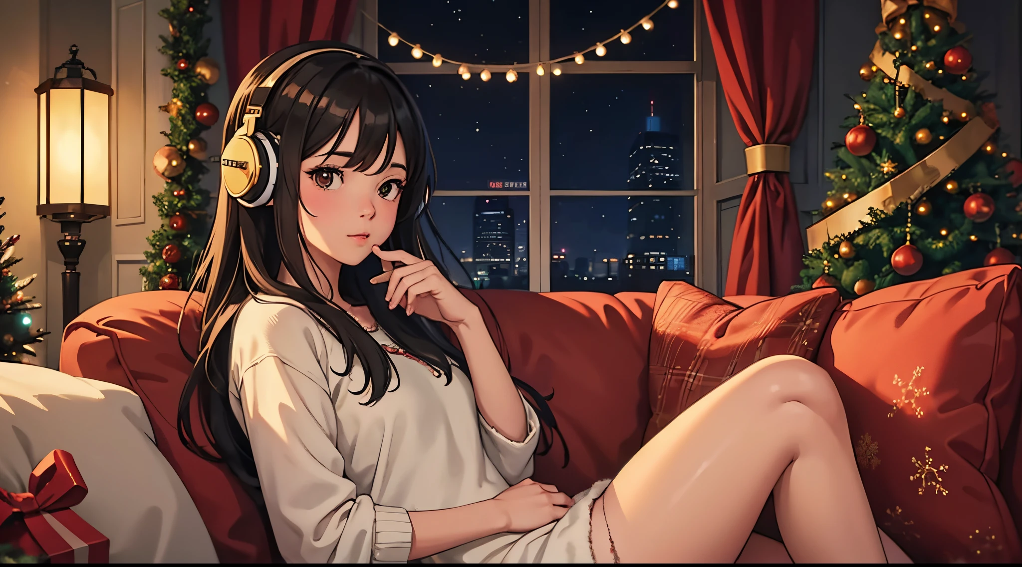 lofi brunette girl sitting on a couch with headphones on and a christmas tree in the background, trending on cgstation, cozy wallpaper, artwork in the style of guweiz, christmas night, [ 4 k digital art ]!!, lofi girl, extremely detailed artgerm, trending at cgstation, relaxing mood, nightcore, christmas vibe, cozy, christmas decorations, fireplace, night, christmas sweather