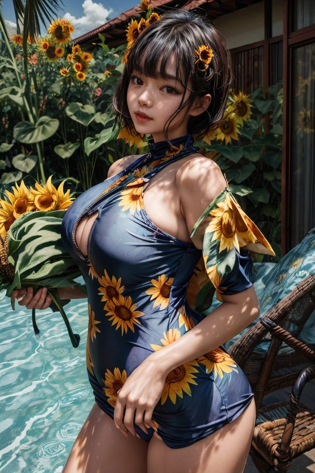 Frau trägt ((1 große Sonnenblume) himmelblauer Einteiler mit Print) Badeanzüge, hoch_Vollbusig