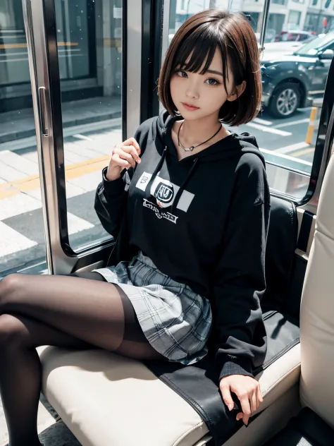 (​masterpiece、ultra-detailliert、8K、top-quality:1.5)、((Awesome))、1 female、独奏、Shorthair with bangs、(((Black pantyhose)))、校服、Wearing a black hoodie、((Grey checked mini skirt))、On the train、blue-sky、sitting on、Legs wide open