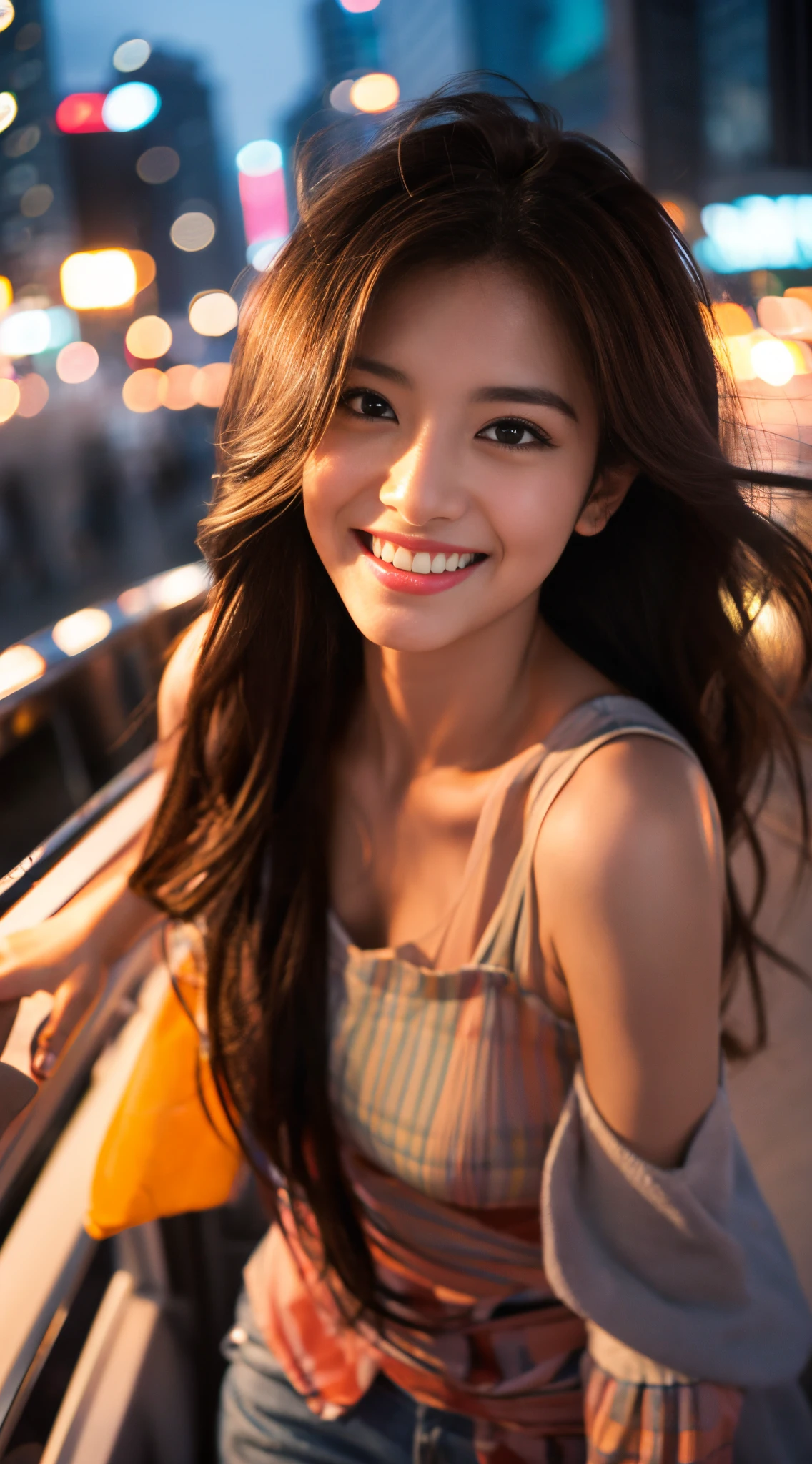 1girl in, Fisheye, Selfie, Wind, hair messy, Sunset, Cityscape, (Aesthetics and atmosphere:1.2),Beautiful woman smiling、8K、An ultra-high picture quality、japanes、1 woman around 20 years old