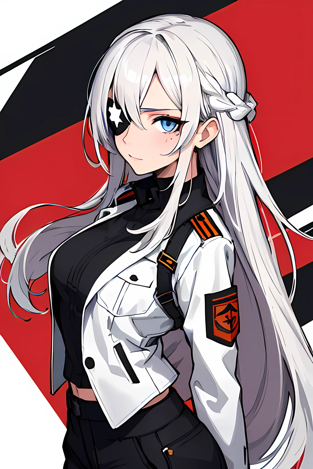 (absurdres, 8k, 4k, masterpiece, hyper extreme detailed:1.2), solo, 1girl, portrait, best quality, expressive eyes, perfect face, portrait, looking at viewer, solo, standing, casual wear, toned, white haired, eye patch, braided hair, long hair, medium breasts, scars, blue eyes, very long hair, military, cargo pants, white jacket, military,