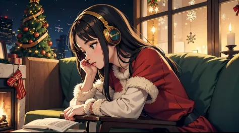 lofi brunette girl sitting on a couch with headphones on and a christmas tree in the background, trending on cgstation, cozy wal...
