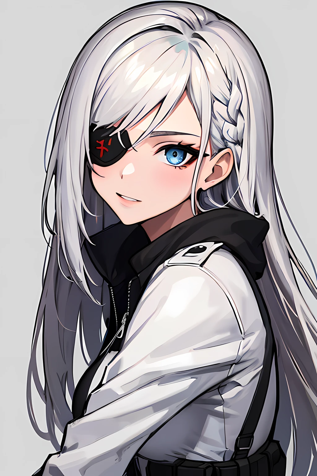 (absurdres, 8k, 4k, masterpiece, hyper extreme detailed:1.2), solo, 1girl, portrait, best quality, expressive eyes, perfect face, portrait, looking at viewer, solo, standing, casual wear, toned, white haired, eye patch, braided hair, long hair, medium breasts, scars, blue eyes, very long hair, military, cargo pants, white jacket,