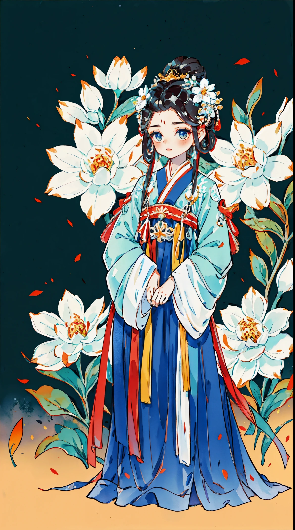 1sister, Alone, looking at viewert, face flushed, Background with, black hair color hair, hair adornments, Qing Dynasty flag head,. Princess Crown, longer sleeves, white backgrounid, everlasting, Full body lesbian, flowers blooming, hairflower, hair-bun, butterflys, tmasterpiece, recent quality, The finest details, Clear facial features, beautidful eyes