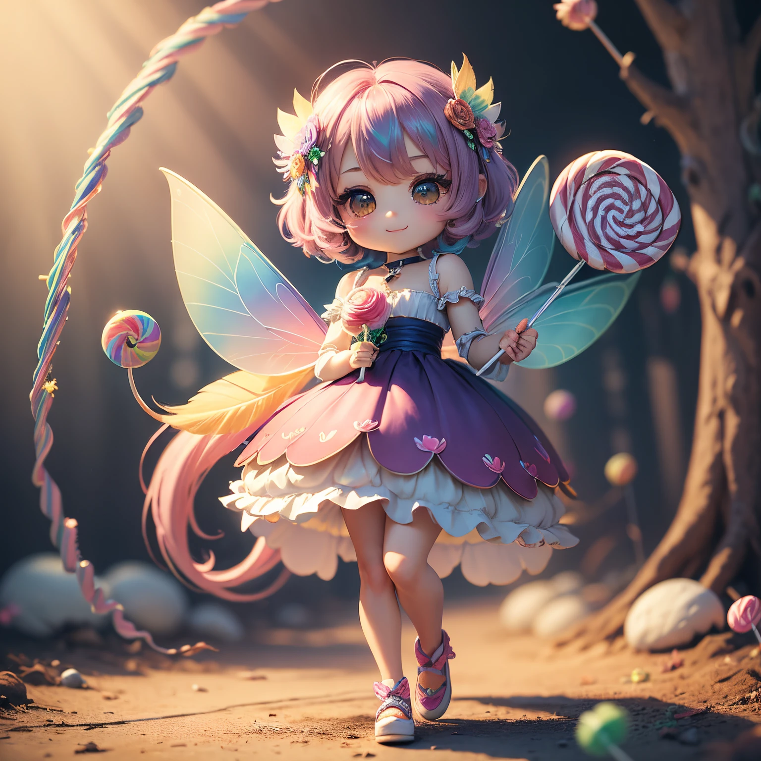 ​obra maestra、de primera calidad、ultra detallado、(Hada Chibi Chara:1.27),(plumas de gradación de colores del arco iris:1.2),(llevando un ramo de caramelos de piruleta:1.3),bosque de cuento de hadas,Una sonrisa,Figura de pie de cuerpo entero.