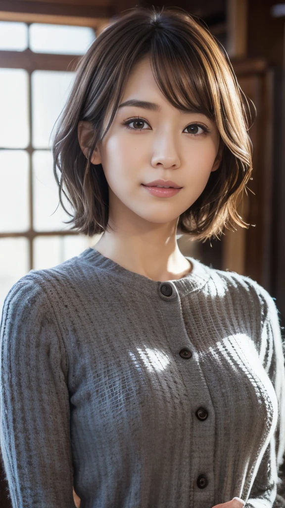 (the Extremely Detailed CG Unity 8K Wallpapers,masutepiece, Best Quality, Ultra-detailed, Looking at the camera:1.2, Light on Face:1.5, Gray background, profetional lighting), Down coat, Lives in Japan３０Old Female、short-hair, A dark-haired, Plump facial contours:1.5, (tthin eyebrows:1.25), Big shining eyes, Undersized nose, Soft mouth, slender physique, Sincere impression, noble mix fix v3.0