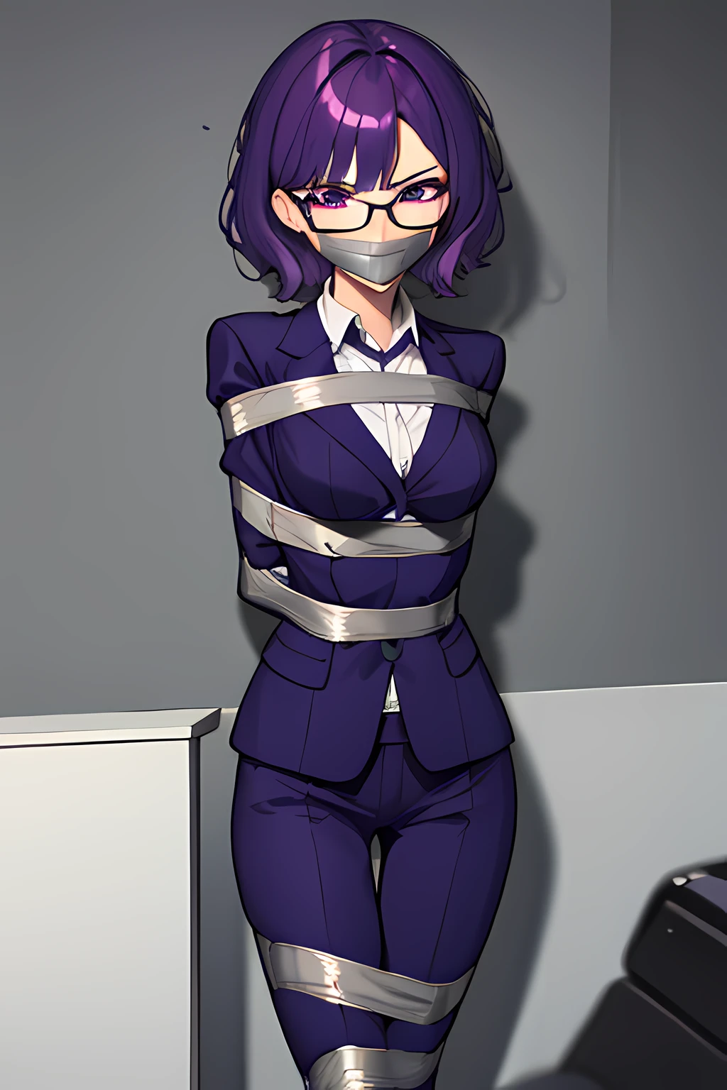 Anime character with purple hair and glasses tied up to a wall - SeaArt AI