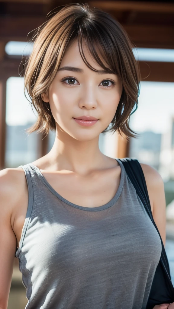 (the Extremely Detailed CG Unity 8K Wallpapers,masutepiece, Best Quality, Ultra-detailed, Looking at the camera:1.2, Light on Face:1.5, Gray background, profetional lighting), (trainingwear), Lives in Japan３０Old Female、short-hair, A dark-haired, Plump facial contours:1.5, (tthin eyebrows:1.25), Big shining eyes, Undersized nose, Soft mouth, slender physique, Sincere impression, noble mix fix v3.0