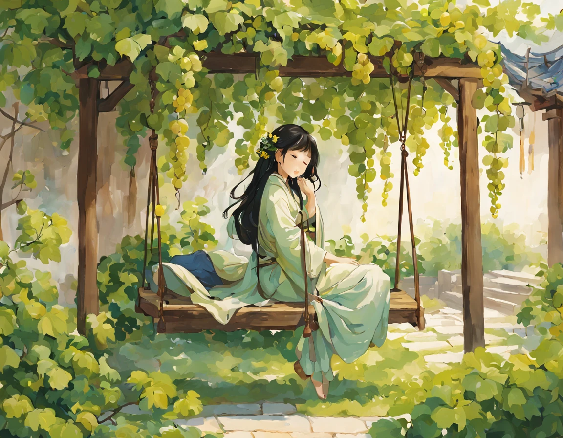 Ancient china, a china-style ancient courtyard house with trees and flowers, grape vines, spring morning, a  wooden swing in the courtyard, a girl with long black hair wearing flowing robes sit sleep on the swing