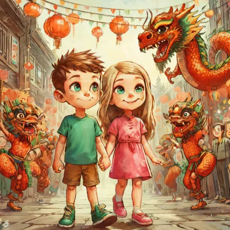 cartoon image of a boy and a girl, holding hands in front of the dragon, cute detailed digital art, digital cartoon painting art...