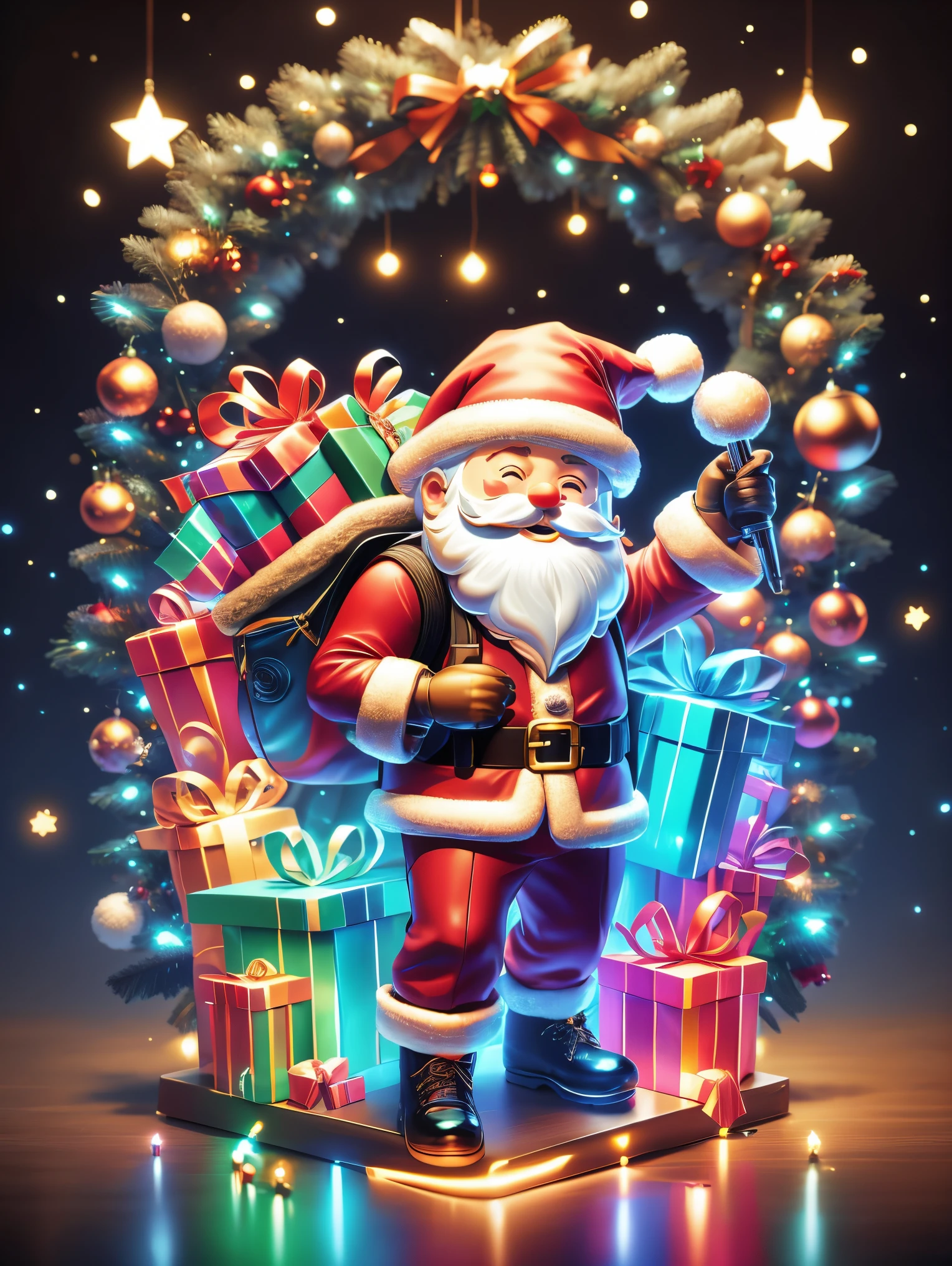 1 transparent glowing mechanical Santa Claus，(Holding CG game gun iconssw)，Carrying a rucksack，futuristic santa clauechanical Union Christmas City Background，model shoot style, (extremely detaild的 CG unified 8k wallpapers), hyper realisitc, 8K, super detailing, Best quality at best, Award-Awarded, Anatomically correct, 16k, super detailing