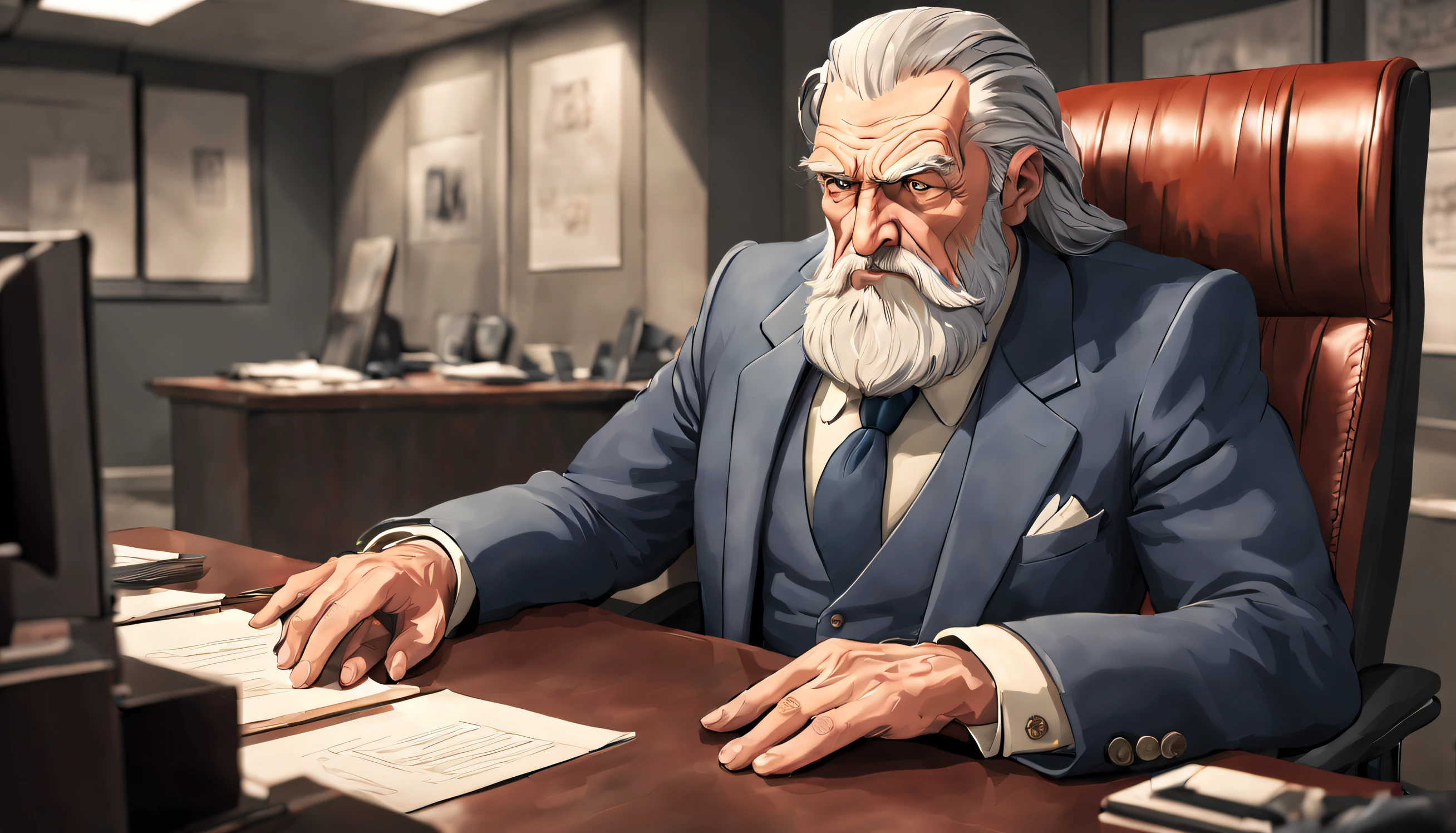 A master called ((((Azok)))) ,old, strong, bearded, grey suit, detailed face, gray hair and beard, intense gaze, commanding presence, wise expression, wrinkled skin, textured aging, confident posture, firm stance ((cartoon)) is sitting in a expensive office lokking worried