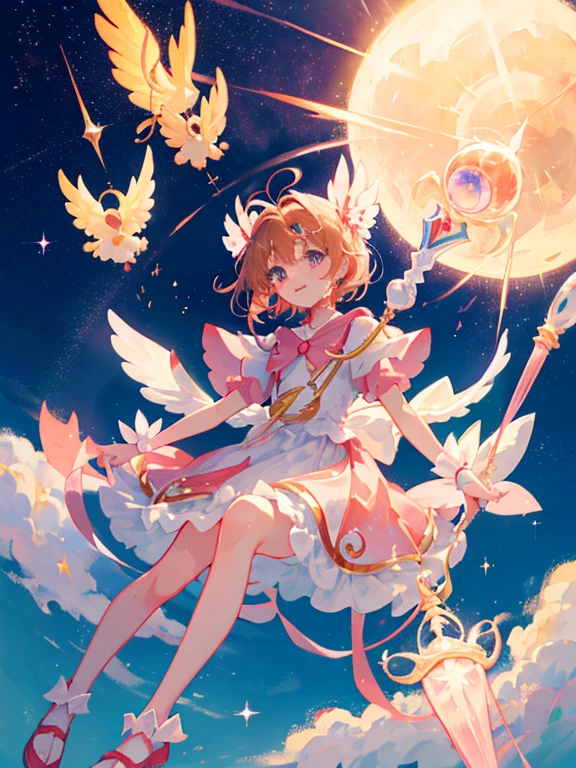 Sakura captora de cartas、Edição de cartão transparente、kinomoto sakura、sobre、fofo、céu claro e sol、sorria、Há um arco-íris no céu、Voando no céu、Luz de fundo