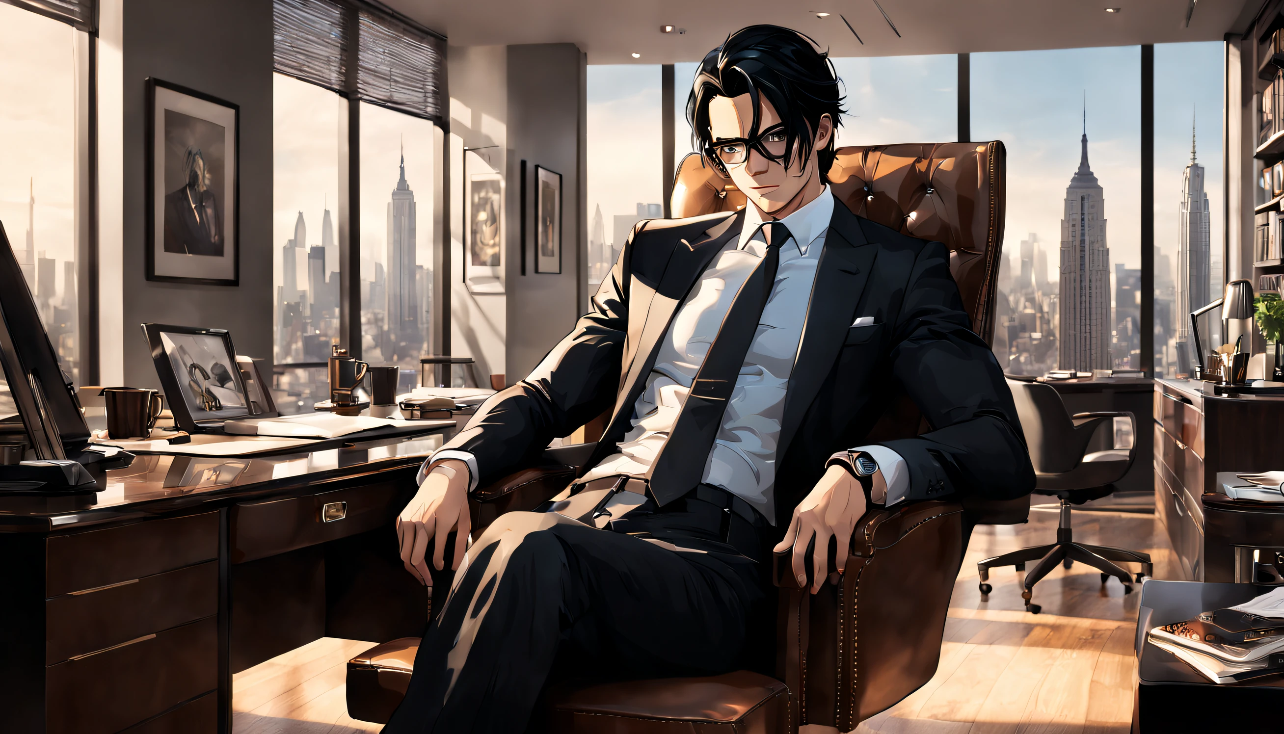 (a man named tomas) keeping a low profile, luxuriating in his prestigious office. [(expensive office, high-end office:1.2)] The room is adorned with exquisite artwork and luxurious furniture seen in the background. [men in black suits holding guns][Gentlemen in black suits, holding guns:1.1] accompany him, ensuring maximum security. The atmosphere is serious but leaves room for a touch of humor, resembling a (cartoon) setting. tomas's confident and intelligent gaze captures attention as his (detailed dark eyes) express determination and shrewdness. With every gesture, his (sharp facial features) embody power and authority. Even his (strictly styled black hair) adds to his professional and sophisticated appearance. The office itself boasts a clean and organized space, with shelves full of leather-bound books and polished awards that reflect tomas's achievements. The room is bathed in (soft warm lighting) that illuminates the scene with a touch of elegance. tomas's sleek (expensive suit) fits perfectly, accentuating his well-built physique. His (tailored shirt) adds a subtle touch of color, matching his (elegant tie) that exudes professionalism. On his left hand, an (expensive watch) glimmers, highlighting his attention to detail and status. As tomas sits comfortably in his (ergonomic leather chair), he commands respect and confidence, epitomizing success and influence. The office window reveals a breathtaking (city skyline) view, symbolizing his vast connections and accomplishments. The artwork displayed represents both creativity and sophistication, ranging from classical paintings to modern abstract pieces, reflecting tomas's diverse interests. Each painting adds depth and character to the room. The (vivid colors) present throughout the scene enhance the overall aesthetic appeal, creating a vibrant and dynamic atmosphere. With each detail (ultra-detailed), the image becomes more realistic and visually appealing, as if it were a (best quality masterpiece). Thr