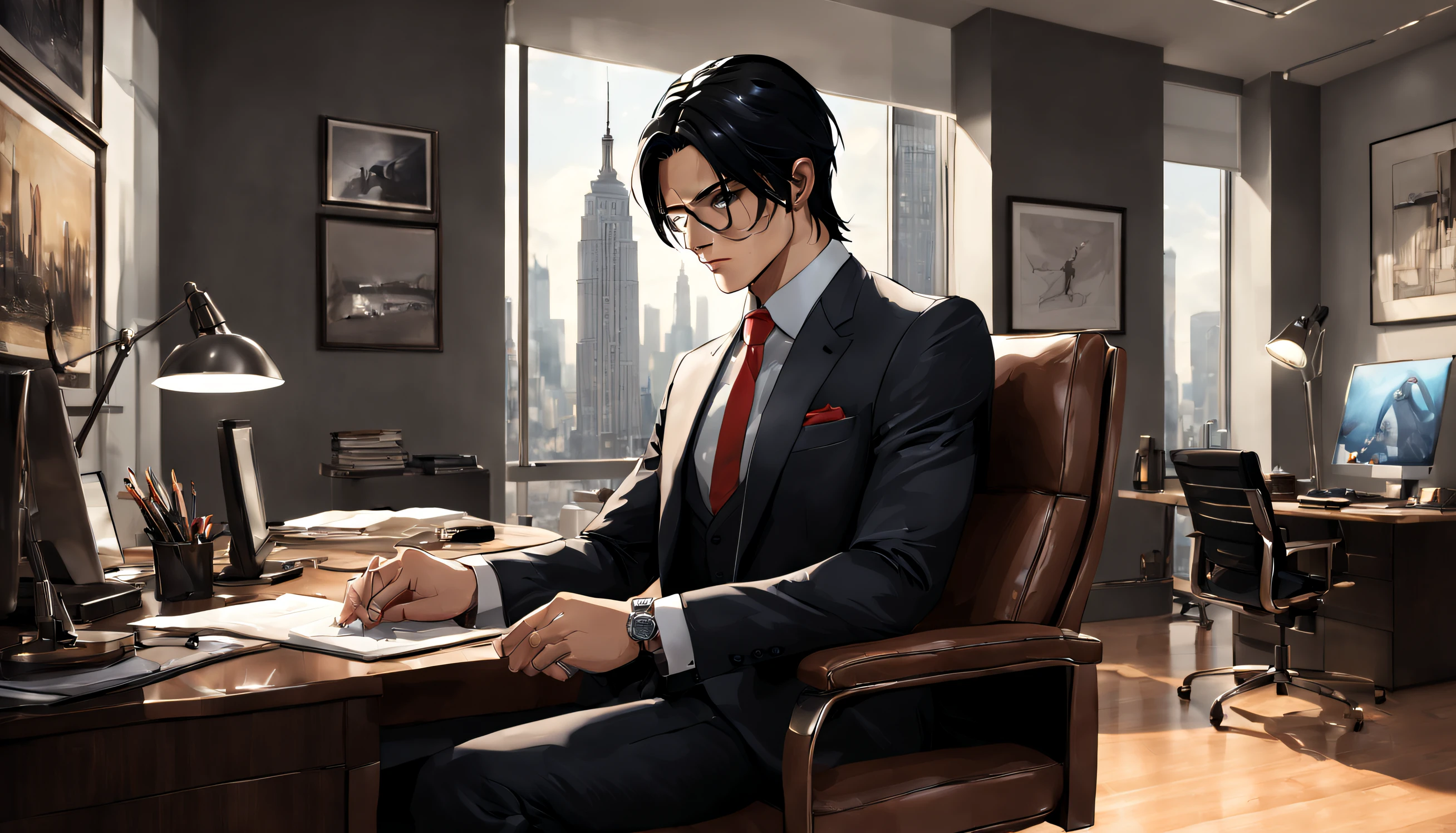 (a man named tomas) keeping a low profile, luxuriating in his prestigious office. [(expensive office, high-end office:1.2)] The room is adorned with exquisite artwork and luxurious furniture seen in the background. [men in black suits holding guns][Gentlemen in black suits, holding guns:1.1] accompany him, ensuring maximum security. The atmosphere is serious but leaves room for a touch of humor, resembling a (cartoon) setting. tomas's confident and intelligent gaze captures attention as his (detailed dark eyes) express determination and shrewdness. With every gesture, his (sharp facial features) embody power and authority. Even his (strictly styled black hair) adds to his professional and sophisticated appearance. The office itself boasts a clean and organized space, with shelves full of leather-bound books and polished awards that reflect tomas's achievements. The room is bathed in (soft warm lighting) that illuminates the scene with a touch of elegance. tomas's sleek (expensive suit) fits perfectly, accentuating his well-built physique. His (tailored shirt) adds a subtle touch of color, matching his (elegant tie) that exudes professionalism. On his left hand, an (expensive watch) glimmers, highlighting his attention to detail and status. As tomas sits comfortably in his (ergonomic leather chair), he commands respect and confidence, epitomizing success and influence. The office window reveals a breathtaking (city skyline) view, symbolizing his vast connections and accomplishments. The artwork displayed represents both creativity and sophistication, ranging from classical paintings to modern abstract pieces, reflecting tomas's diverse interests. Each painting adds depth and character to the room. The (vivid colors) present throughout the scene enhance the overall aesthetic appeal, creating a vibrant and dynamic atmosphere. With each detail (ultra-detailed), the image becomes more realistic and visually appealing, as if it were a (best quality masterpiece). Thr