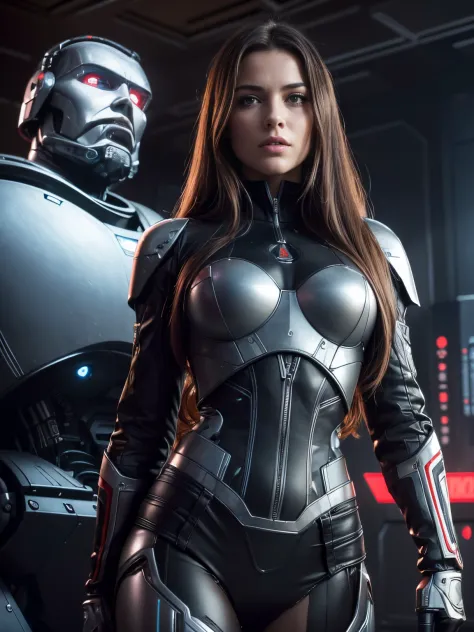 (Ultra high-definition imageidelity :1.2),Realistic,High quality,Movie Light,  full body, 1 gorgeous european woman, (stands in front of a giant T800 war robot:1.3)，she wears red shorts and black jacket, flirts with camera