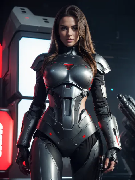 (Ultra high-definition imageidelity :1.2),Realistic,High quality,Movie Light,  full body, 1 gorgeous european woman, (stands in front of a giant T800 war robot:1.3)，she wears red shorts and black jacket, flirts with camera
