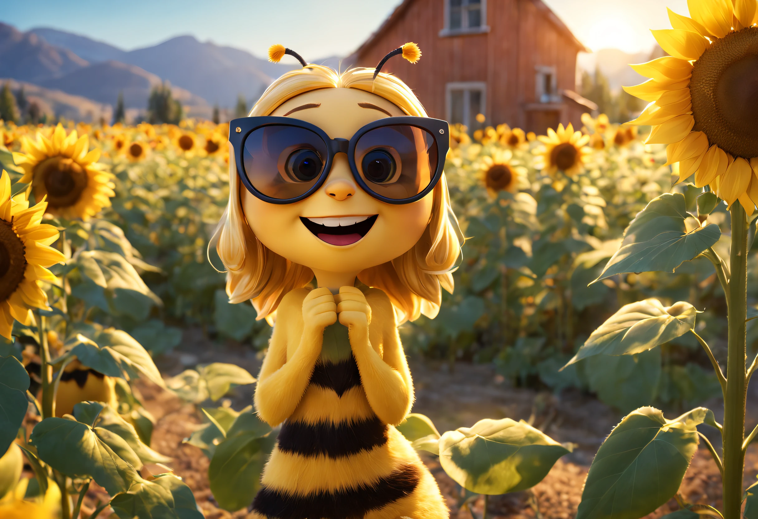 A close up of a cartoon character in sunglasses standing in a field of  sunflowers - SeaArt AI