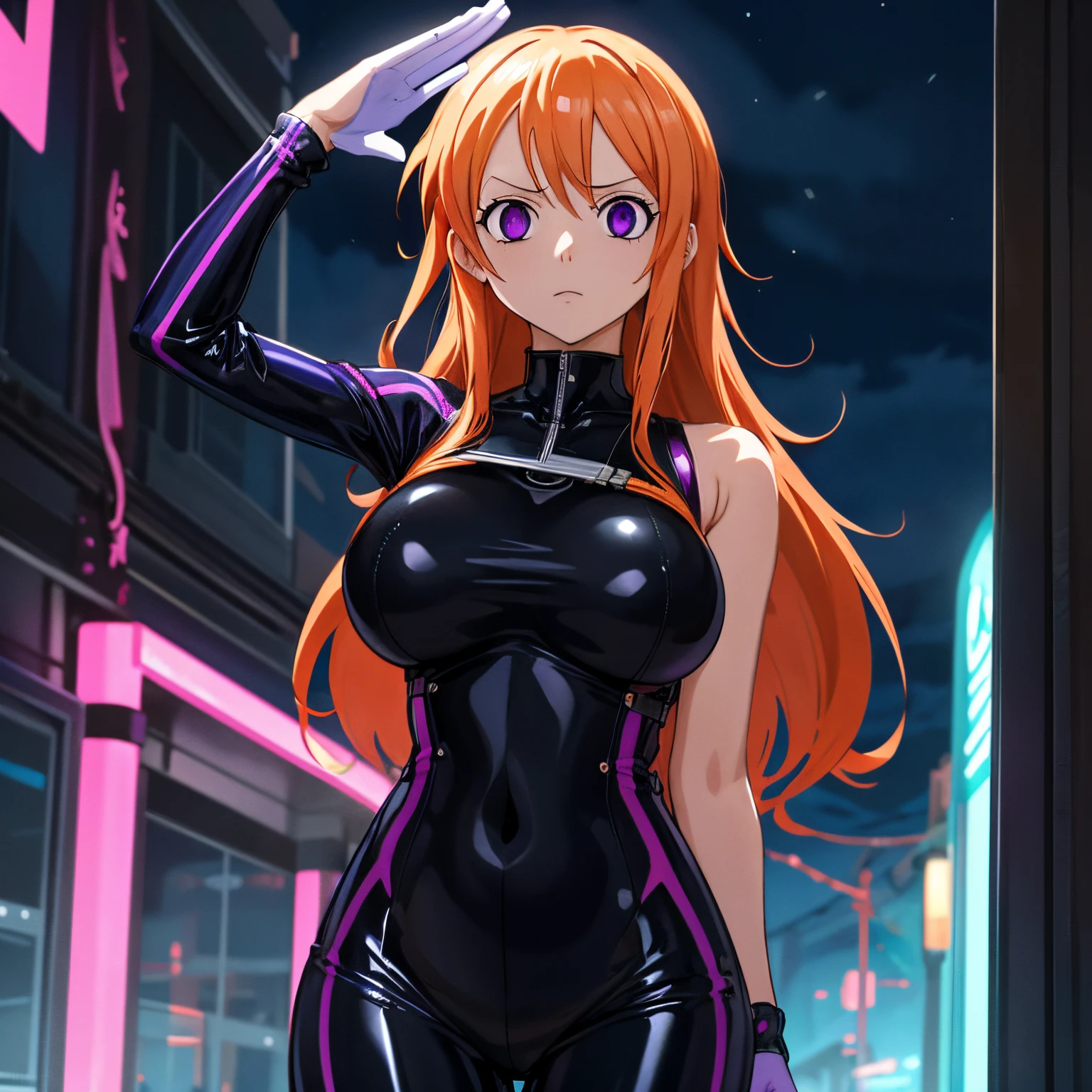 {1girl in},{{{{{masutepiece++, Best Quality++, Ultra-detailed+, 超A high resolution,(Photorealistic:1.4),Raw photo,(Nami)+,(Nami)+,(One Piece NAMI)+,(Onepiece),Orange hair, Girl in black latex full body suit,very aesthetic, Best Quality, absurderes, Brainwashed,}}}}}, ((purple glowing eyes 1.3)), (huge-breasted:1.2)deadpan, laboratory, Darkness Room, (Neon light:1.2), (Night:1.5), stand up and salute