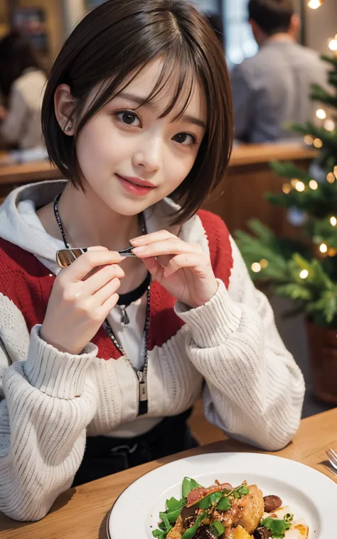 Female college student wearing cute winter clothes、Shortcut Hair、Enjoy a delicious dinner on a warm Christmas evening。Around her...