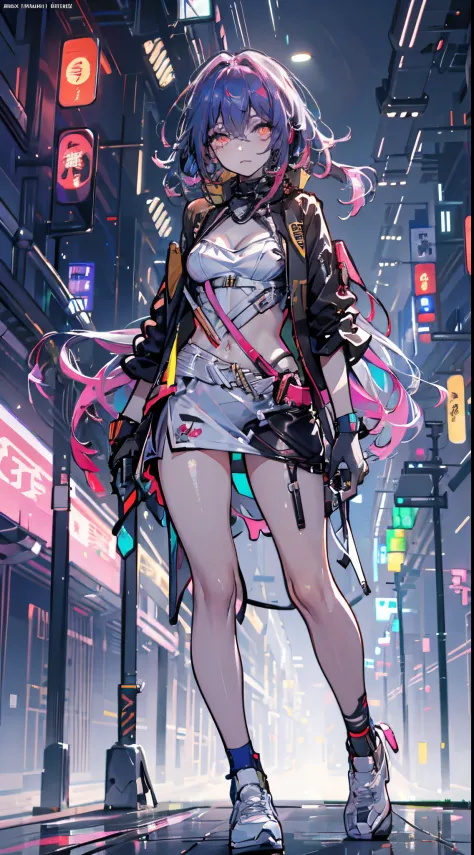 glowing eyes, colourful glowing hair, wearing sci-fi jacket, anime style, high detail, futurism, glowing light, uhd, retina, mas...