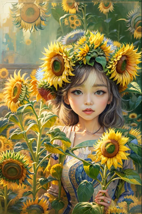 (tmasterpiece),（ultra - detailed：1.3），Best quality at best，（Sparkling:1.2），（dream garden:1.4），(Van Gogh style sunflowers: 1.5),（...