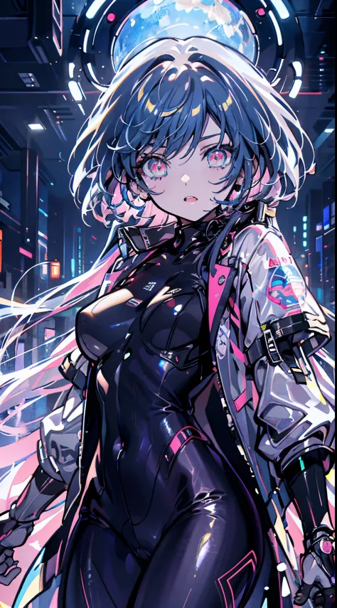 Highest image quality），（Super meticulous），（glowing light eyes），（Colorful  hair）（Background description：Sci-fi futuristic punk）（Description of the  clothes：Sexy royal sister fishing net clothing，Black silk lower  body）Biomechanical OPPAI