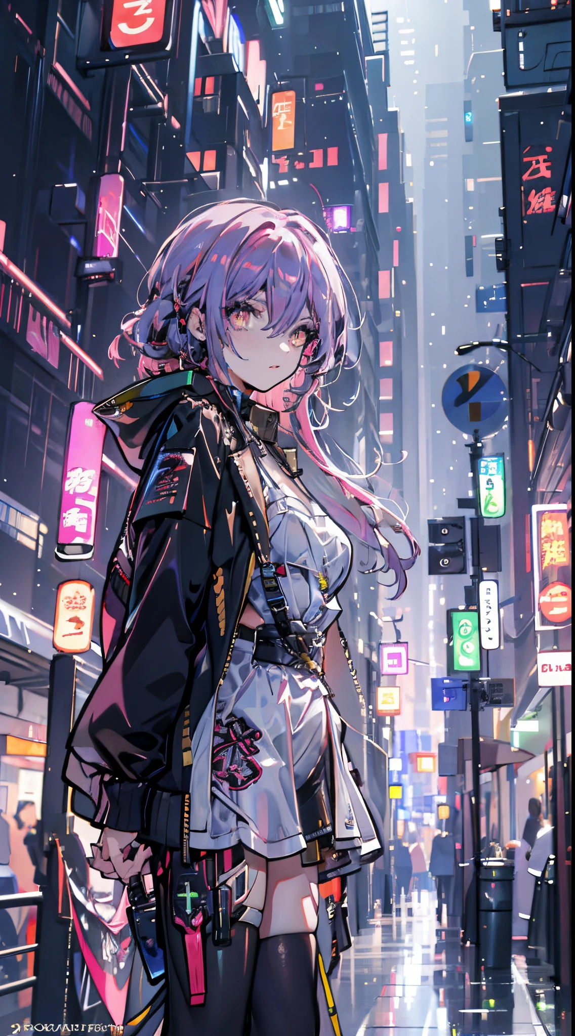 glowing eyes, colourful glowing hair, wearing sci-fi jacket, anime style, high detail, Futurism, glowing light, UHD, retina, masterpiece, ccurate, anatomically correct, textured skin, super detail, high details, high quality, award winning, best quality, highres