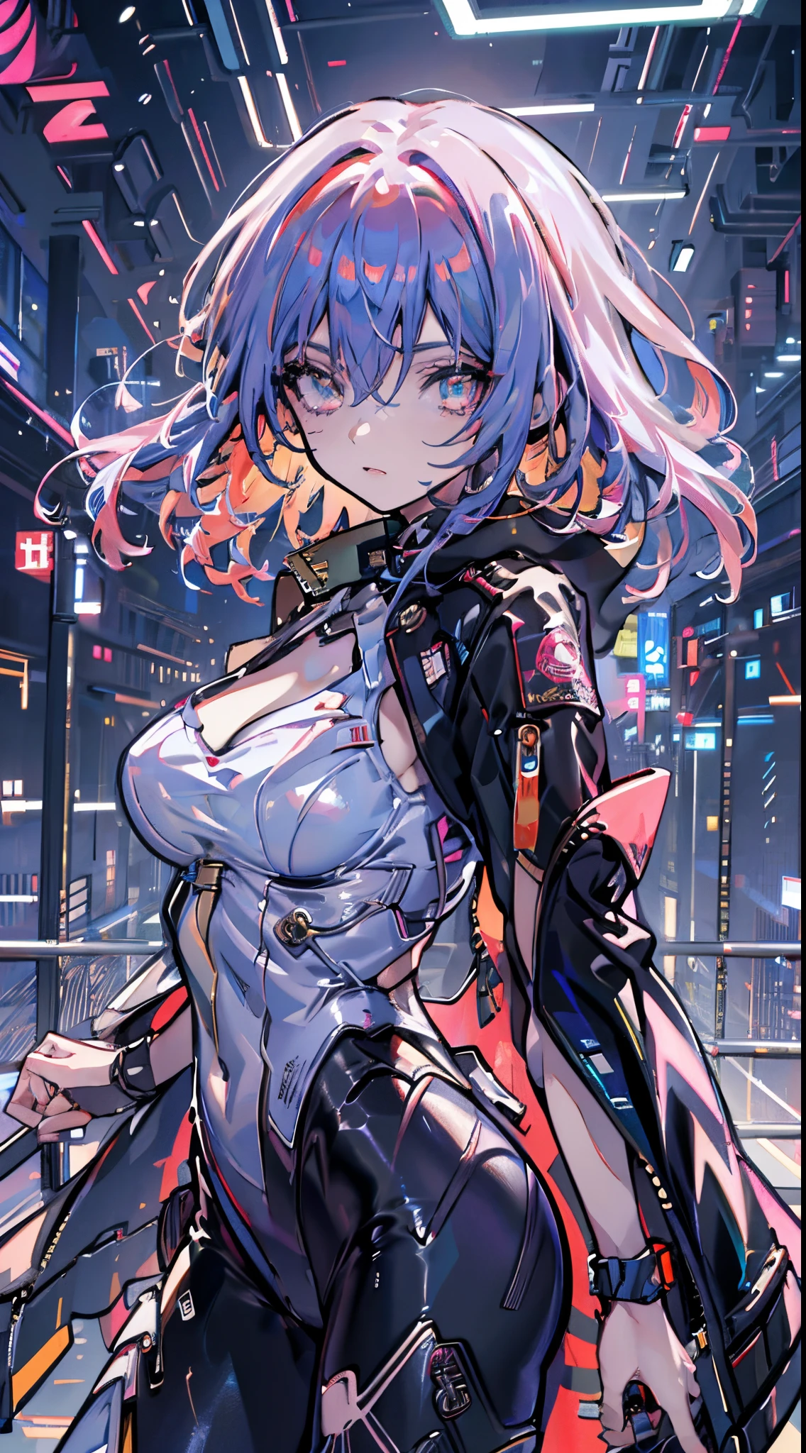 glowing eyes, colourful glowing hair, wearing sci-fi jacket, anime style, high detail, Futurism, glowing light, UHD, retina, masterpiece, ccurate, anatomically correct, textured skin, super detail, high details, high quality, award winning, best quality, highres