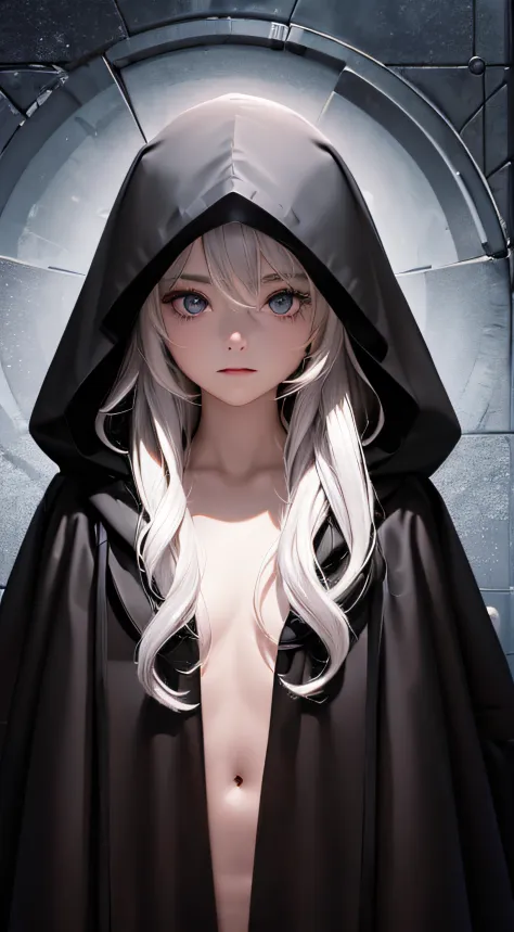 Particles of light、(((black hooded coat over nude:1.5))) (((Upper body)))Standing(((Black hooded coat with luxurious silver embellishments)))(((a five years girl)))　(((Blonde long hair)))　5years old　　A ring of light floats above my head　For blue eyes only)...