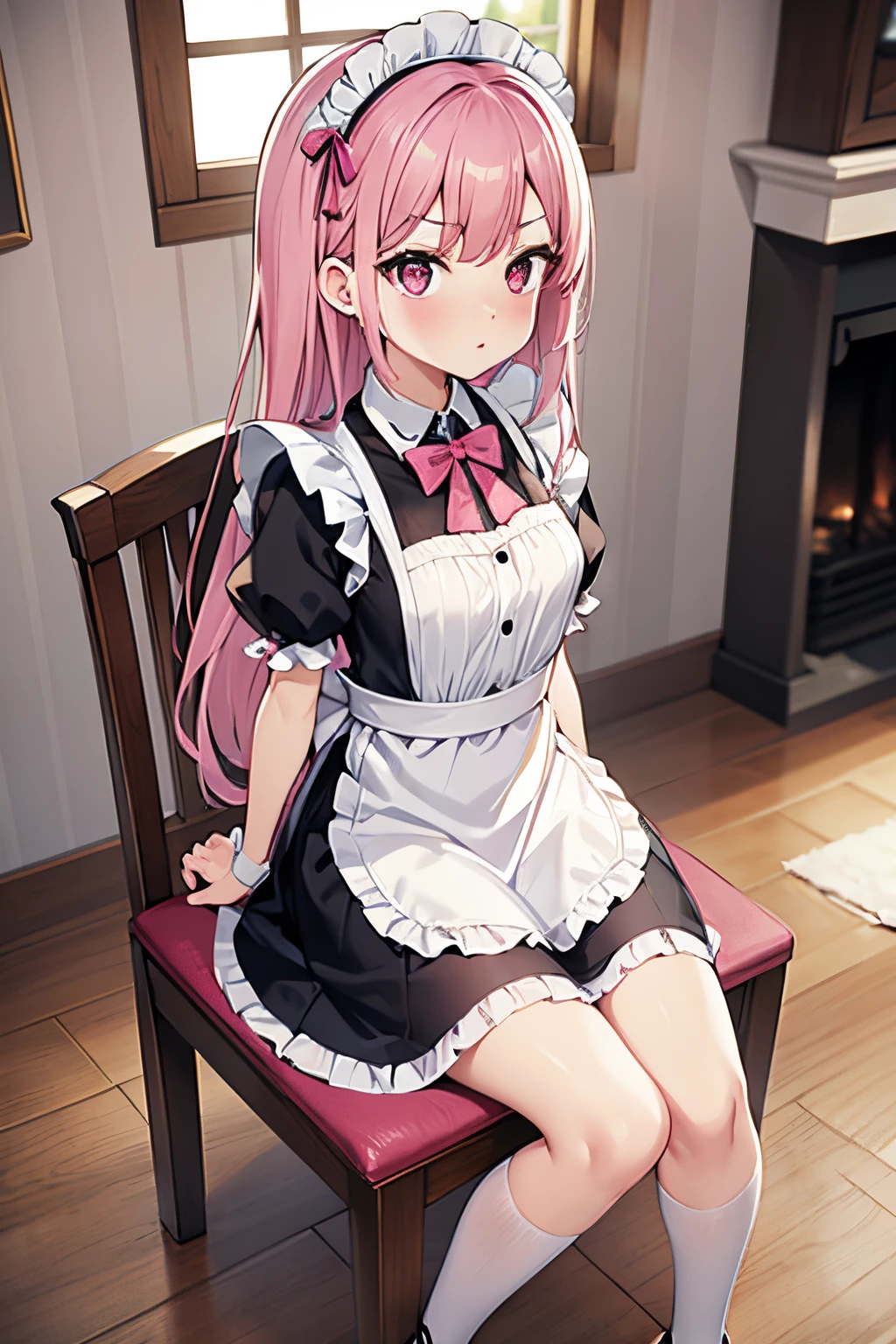 Girl with long pink hair, pink eyes, wearing a maid outfit , sitting on a wooden chair, hands not visible , medieval stone walls, there is a fireplace, broken windows with a chaotic sky