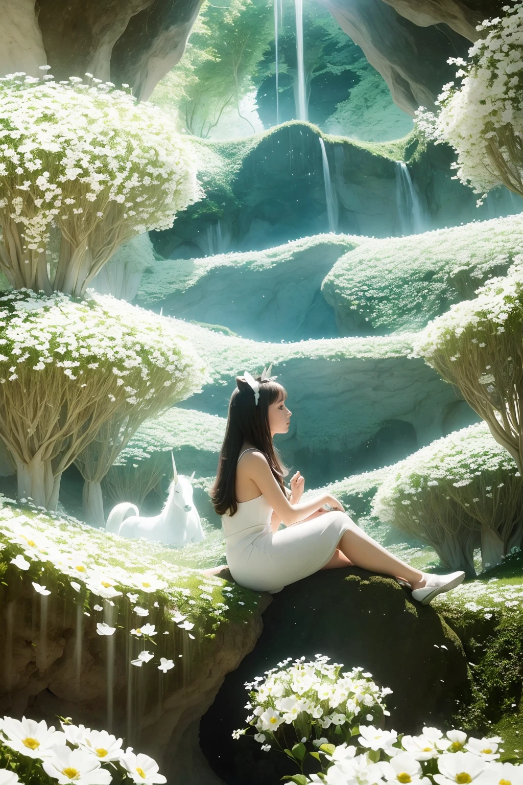 field of white flowers, rocky cave, black ceiling, flowing petals, (girl sitting in the far away in the field of flowers before a white unicorn.)