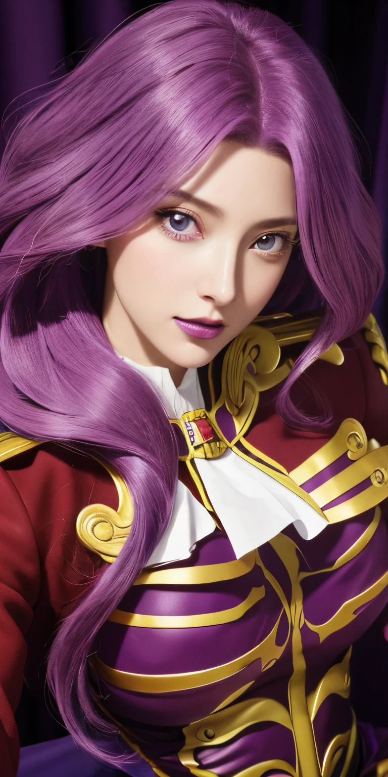 top-quality, 8K, ultra-detailliert, Photorealsitic, Cornelia_plum_Britannia, Huge breasts, Solo, Standing, Cornelia_Military_uniform, masutepiece, Best Quality, Detailed face, Detailed eyes, hight resolution, Code Geass Corneille Purple Eyes Purple Hair Purple Lip (masutepiece), Best Quality, Expressive eyes, Beautiful Finger, Beautiful nose, Beautiful character design, Perfect eyes, Perfect face,  
NSFW, Official art, Highly detailed CG Unity 8k wallpaper, Perfect Lighting, Colorful, Bright_front_Face_light nastar piece:1.0), (best_quality:1.0), 超A high resolution, 4K, Ultra-detailed,
Photography, 8K, nffsw, hight resolution, absurderes:1.2, Kodak Portra 400, Film grain