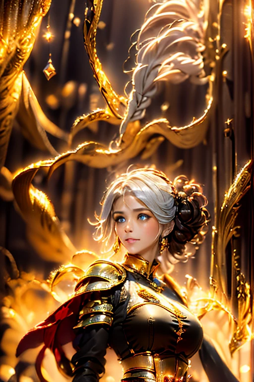 hay una mujer vestida de negro y dorado y una capa roja, retrato de mujer paladín, chica con armadura de caballero, arte de fan, of a beautiful caballero femenino, mujer paladín de fantasía, caballero femenino, imagen de paladín femenino, beautiful caballero femenino, retrato caballero mujer, estudio de maestría, inspirado en Donato Giancola, Retrato de fantasía