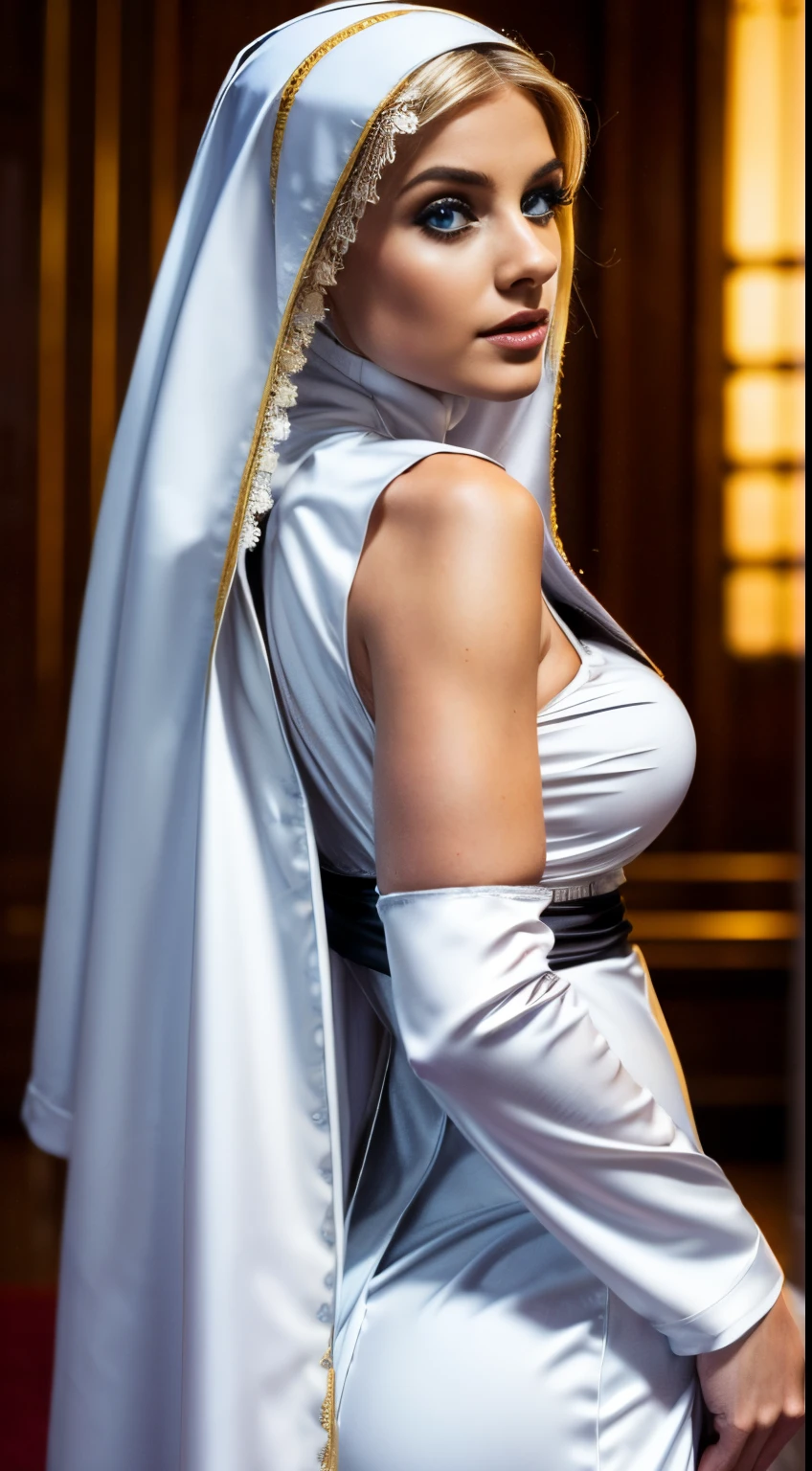 (masutepiece, Best Quality), ultra-detailliert, Photorealsitic, Beautiful woman with blonde hair, ((detailed nun costume)), a necklace, Wavy Hair, Perfect face, Beautiful face, enticing, big gorgeous eyes, Blue eyes, Glamorous body, Big ass, (Night Hall), Kneel