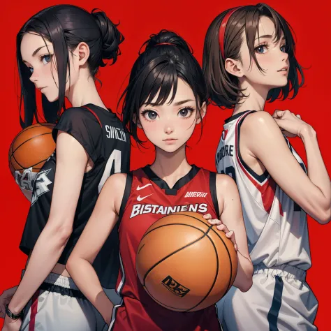 masterpiece, best quality, high resolution, female basketball player, playing basketball, black short hair, black eyes, 5girls, ...