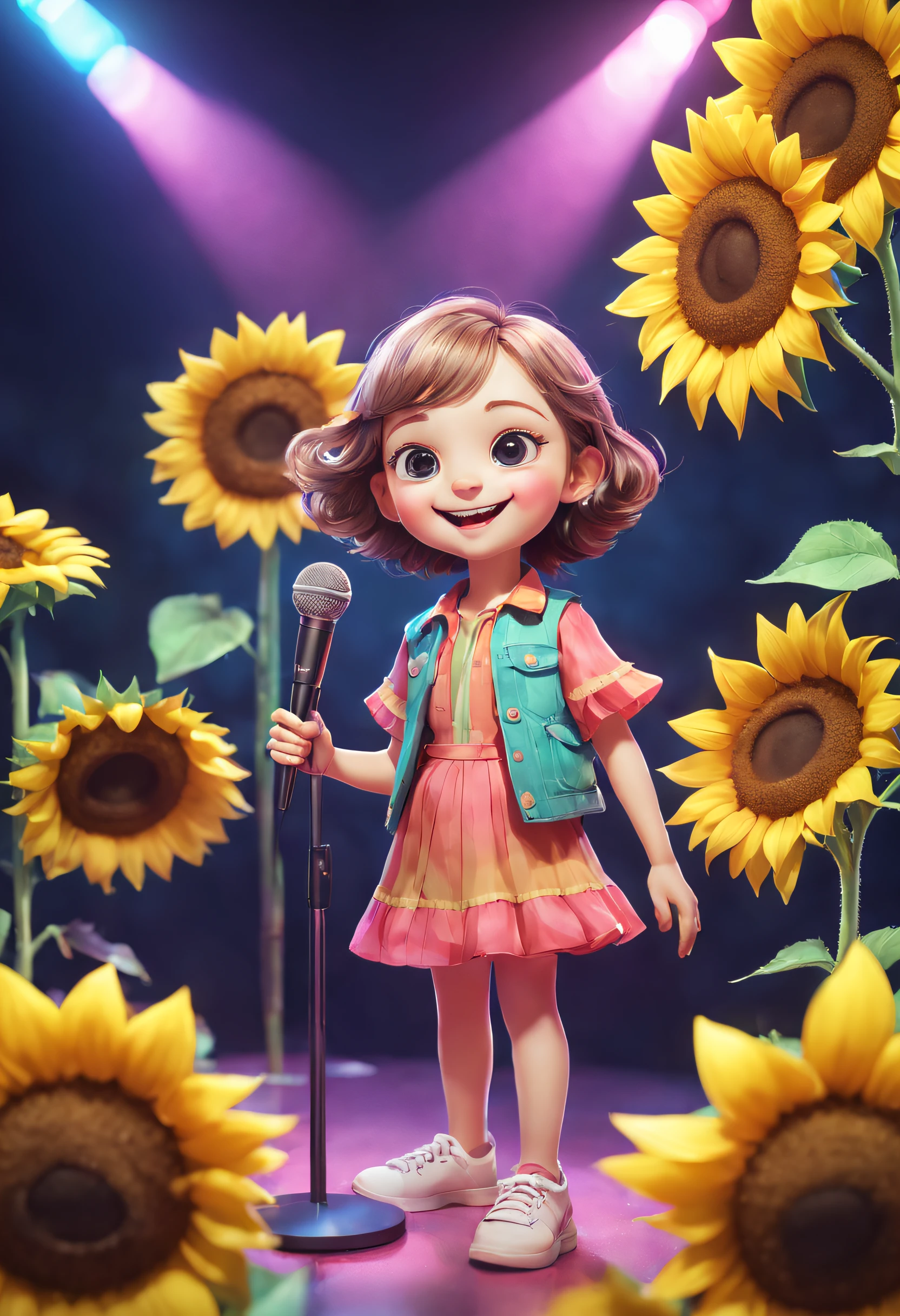 （character  design）， (5 lovely sunflowers，Wearing different colored clothes，stand in front of a microphone and sing,），Holographic Color Set,Smiling, big bright eyes, Background with：stage，neonlight，like a dream，Whimsical，fairytale-like, super detailing, pixal style, vibrant with colors, Natural soft light,, 5 octane rendering, ultra-wide-angle, 8K, High realism，Grand Prix