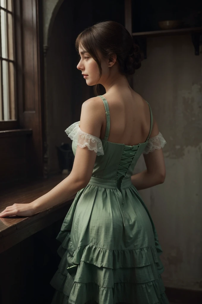 ((High-quality work)), 1 girl, the lines are clear and concise, the green dress and the beautiful pleated lace complement each other, which enriches the layering of the whole picture, the graceful Edwardian lace dress and the princess skirt add a lot to the character, the gesture with the back of the hand behind , It also shows the gentle and elegant side of women.