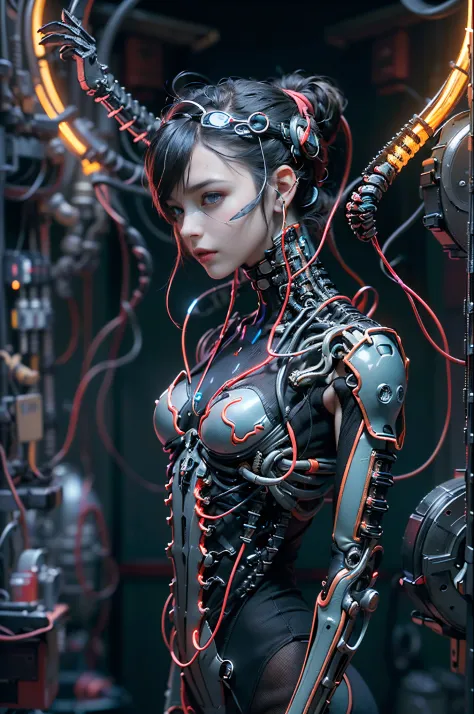 Top Quality, Masterpiece, Ultra High Resolution, ((Photorealistic: 1.4), Raw Photo, 1 cyberpunk Girl, Glossy Skin, 1 Mechanical Girl, (Ultra Realistic Detailechanical limbs, tubes connected to the mechanical parts, mechanical vertebrae attached to the spin...