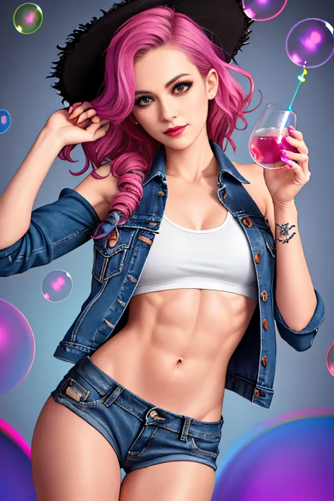 drunken beautiful woman 1girl as delirium from sandman, (hallucinating colorful soap bubbles),
abs,  fit, thin, wearing a black ...