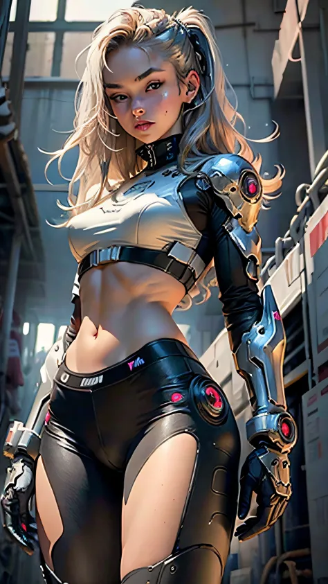 Beautiful cybernetic girl looking at camera underwear detailed muscles realistic masterpiece
