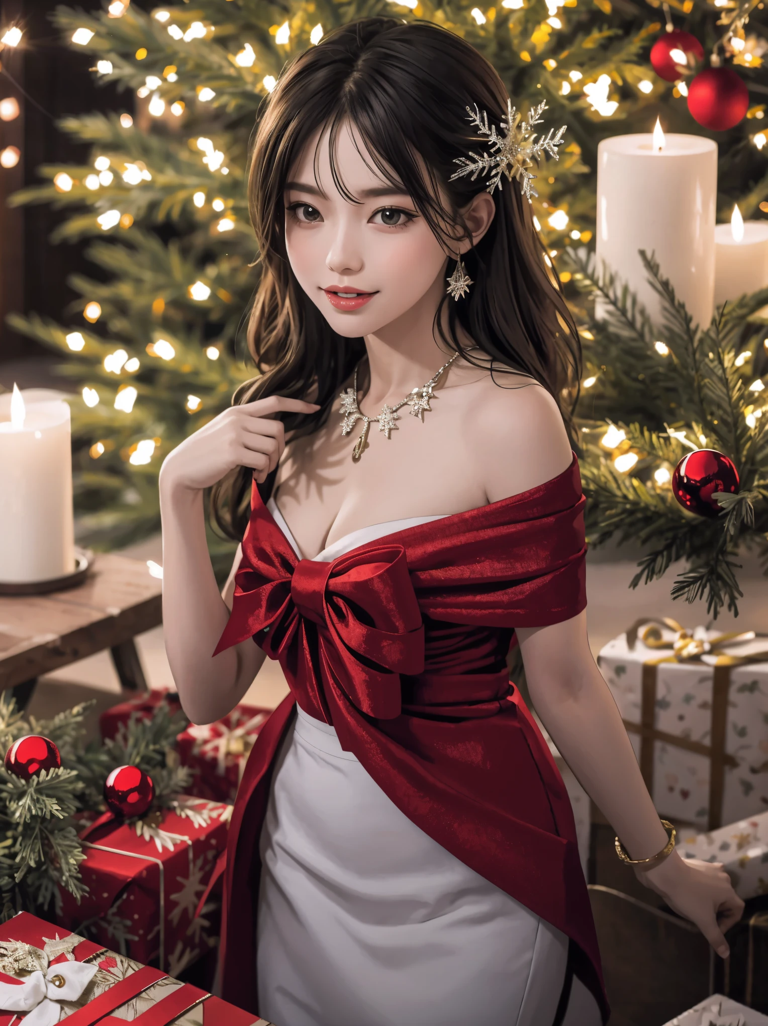 (best quality,4k,8k,highres,masterpiece:1.2),ultra-detailed,realistic,gifts,table,Christmas tree,decorations,wrapping ,bows,ribbon,presents,holiday spirit,vibrant colors,warm lighting,cozy atmosphere,toys,cards,candles,snowflakes,joyful,celebration,exquisite details,exciting surprises,shiny ornaments,sparkling tinsel,beautifully wrapped,excited children,anticipation,festive mood,magical ambiance,delightful moment,wonderful memories,family gathering,cheerful faces,Christmas magic,extravagant,abundance of presents,HDR,UHD,studio lighting,ultra-fine painting,sharp focus,physically-based rendering,professional,vivid colors,bokeh.