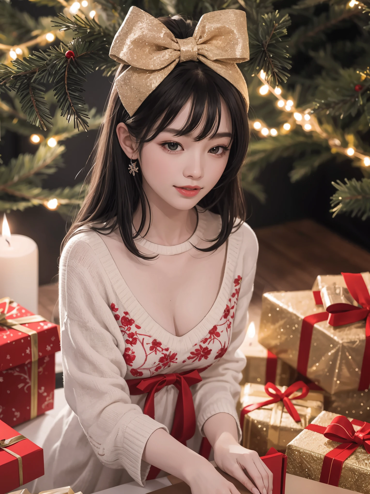 (best quality,4k,8k,highres,masterpiece:1.2),ultra-detailed,realistic,gifts,table,Christmas tree,decorations,wrapping ,bows,ribbon,presents,holiday spirit,vibrant colors,warm lighting,cozy atmosphere,toys,cards,candles,snowflakes,joyful,celebration,exquisite details,exciting surprises,shiny ornaments,sparkling tinsel,beautifully wrapped,excited children,anticipation,festive mood,magical ambiance,delightful moment,wonderful memories,family gathering,cheerful faces,Christmas magic,extravagant,abundance of presents,HDR,UHD,studio lighting,ultra-fine painting,sharp focus,physically-based rendering,professional,vivid colors,bokeh.