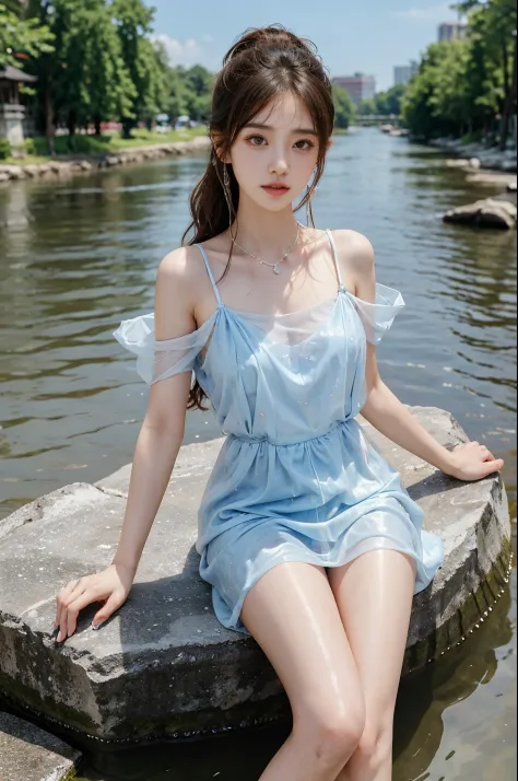 Sweet girl clothes8,(gem:1.3), stlouis,（Enrich the picture，Masterpiece quality）Beautiful 8K CG artwork，Goddess-like pose，sittinng on the river，Postural exercises，Thin and soft，Translucent skin，curlies， Brown hair long, The skin is fair and juicy，Perspectiv...
