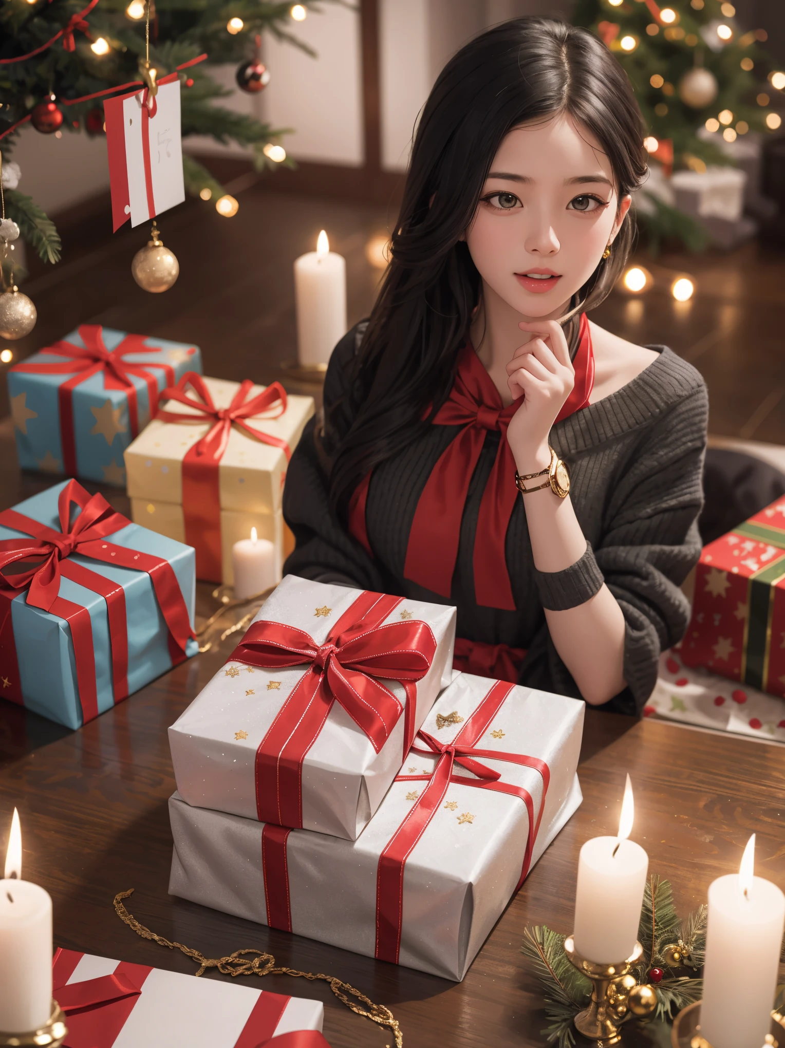 (best quality,4k,8k,highres,masterpiece:1.2),ultra-detailed,realistic,gifts,table,Christmas tree,decorations,wrapping ,bows,ribbon,presents,holiday spirit,vibrant colors,warm lighting,cozy atmosphere,toys,cards,candles,snowflakes,joyful,celebration,exquisite details,exciting surprises,shiny ornaments,sparkling tinsel,beautifully wrapped,excited children,anticipation,festive mood,magical ambiance,delightful moment,wonderful memories,family gathering,cheerful faces,Christmas magic,extravagant,abundance of presents,HDR,UHD,studio lighting,ultra-fine painting,sharp focus,physically-based rendering,professional,vivid colors,bokeh.